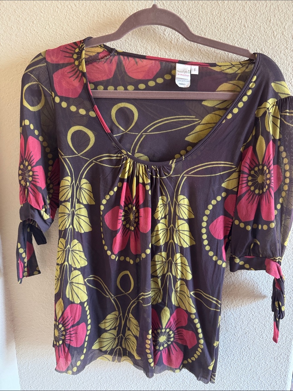 Sweet Pea Brown Scoop Neck Floral Top with Pink & Olive Accents